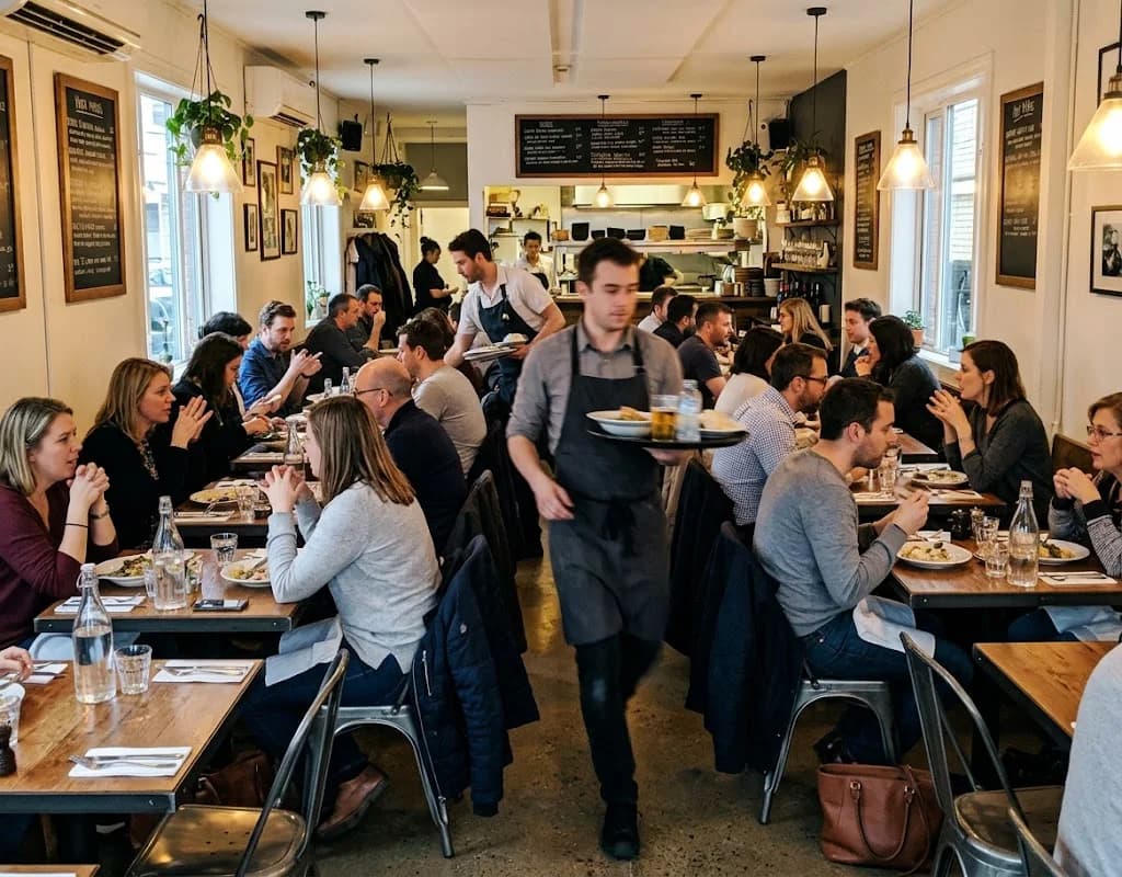 Salón de restaurante lleno en hora pico, con un mesero cruzando entre las mesas